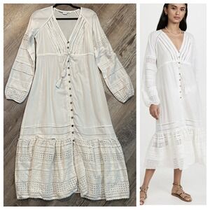 Veronica Beard Apoli Eyelet Lace Midi Dress XS Tassel Button Front Cottage White